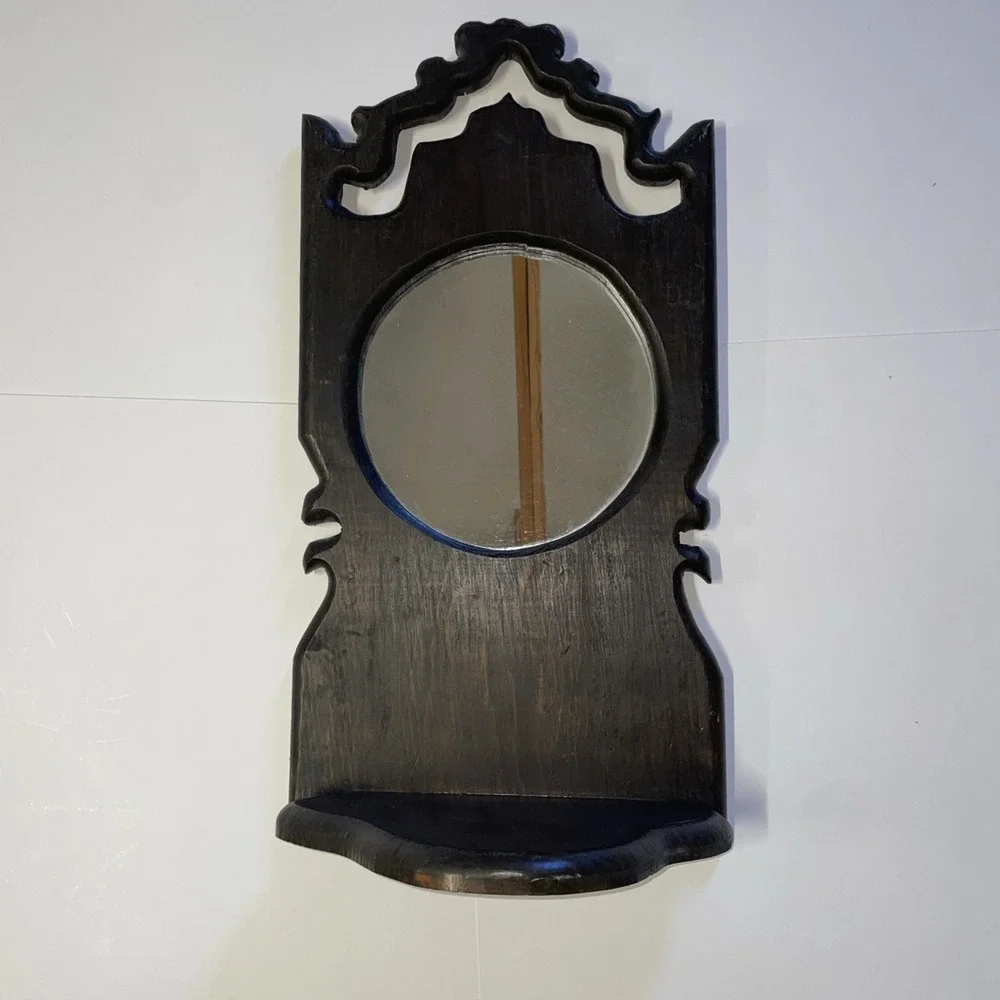 Dark Wood Round Mirror Shelf Home Kitchen Vintage Decor 25 in high
